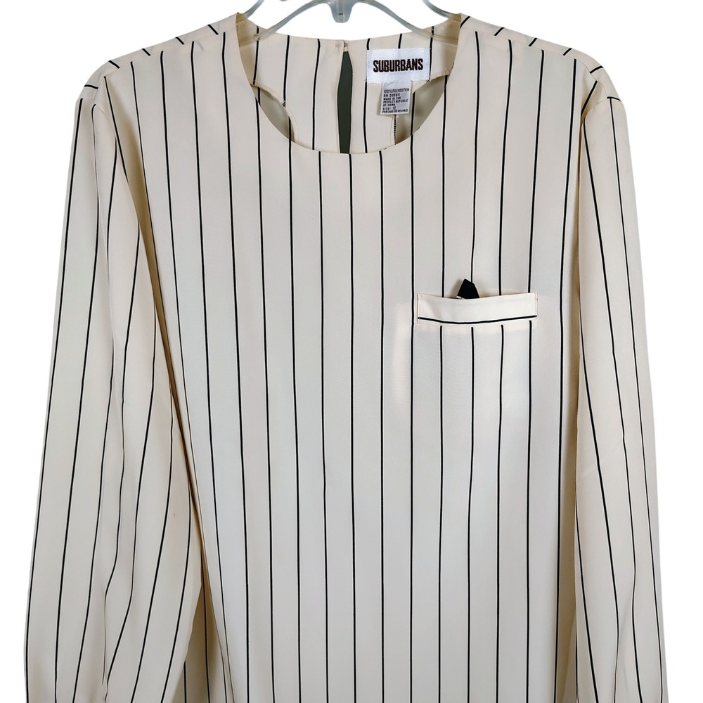 VTG Suburbans Womens SZ 12 Pinstripe Blouse Cream Black Long Sleeve Officecore